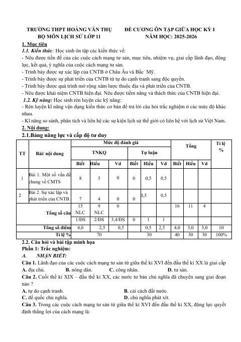 Đề cương ôn tập Giữa kì 1 Lịch sử 11 năm 2025–2026 trường THPT Hoàng Văn Thụ (Hà Nội)